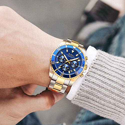 Relojes para Hombre cronógrafo de Acero Inoxidable Impermeable Fecha analógico Reloj de Cuarzo Moda Relojes para Hombre, Oro Azul B, Pulsera