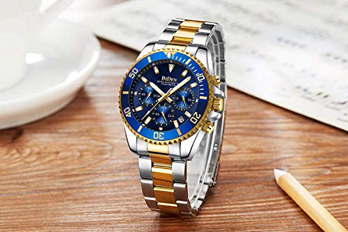 Relojes para Hombre cronógrafo de Acero Inoxidable Impermeable Fecha analógico Reloj de Cuarzo Moda Relojes para Hombre, Oro Azul B, Pulsera
