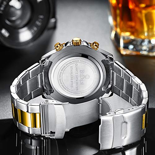 Relojes para Hombre cronógrafo de Acero Inoxidable Impermeable Fecha analógico Reloj de Cuarzo Moda Relojes para Hombre, Oro Azul B, Pulsera