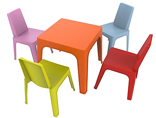 Resol Set Julieta Mesa Infantil y Sillas Mesa y Silla para Niños Muebles Infantiles Mesa exterior Mesa exterior jardín - 1 Mesa Naranja + 4 Sillas Roja/Rosa/Azul/Lima