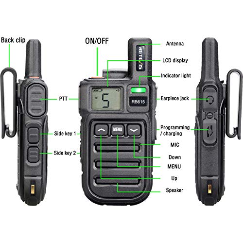 Retevis RB615 Walkie Talkie Mini PMR446 Radio Largo Alcance, Walkie Talkie con Alarma de Emergencia de Vibración de Clonación Inalámbrica, Radio de 2 Vías para Ciclismo, Tractor(Negro, 5Piezas)