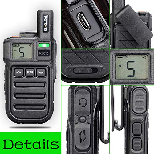 Retevis RB615 Walkie Talkie Mini PMR446 Radio Largo Alcance, Walkie Talkie con Alarma de Emergencia de Vibración de Clonación Inalámbrica, Radio de 2 Vías para Ciclismo, Tractor(Negro, 5Piezas)