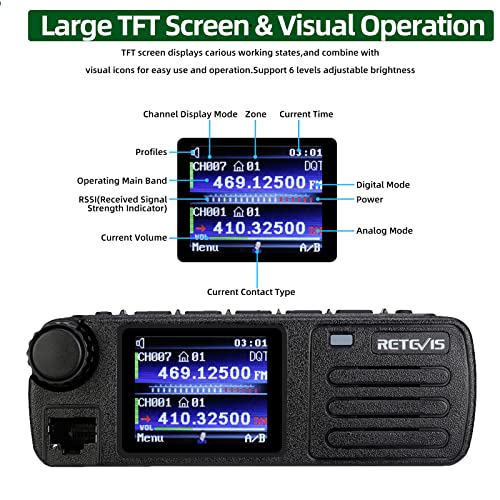 Retevis RT73 Transceptor Móvil, Monitor Dual Banda Dual, DMR Digital/Analógico, 4000 Canales 200,000 Contactos, GPS Incorporado, DMTF, Ranura de Tiempo Dual, Mini Radio Móvil (1 Pieza, Negro)