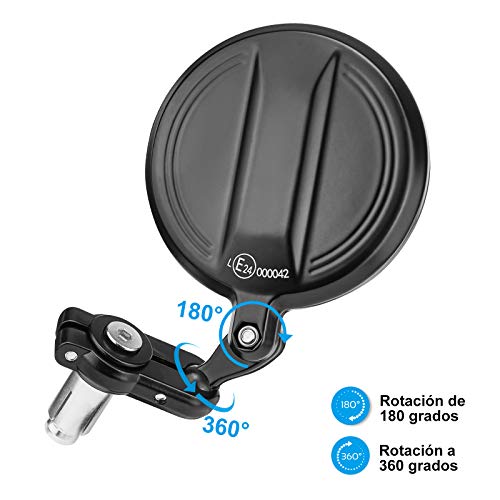 Retrovisores Moto Homologados E24 Manillar, Espejos Laterales 22 mm y 7/8" de Metal Resistentes a Golpes, Manillar Espejo Compatible con Scooter, ATV, MT07, MT09, Z750, Cb125R Z90