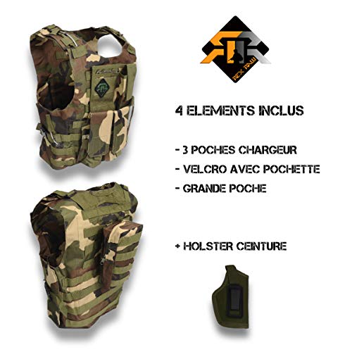 REX RAW ® - Chaleco de combate táctico tipo militar - Sistema Molle incluido + Holster - Reportar fotos de camping, caza, Airsoft Paintball Trekking Survivalismo Urbex