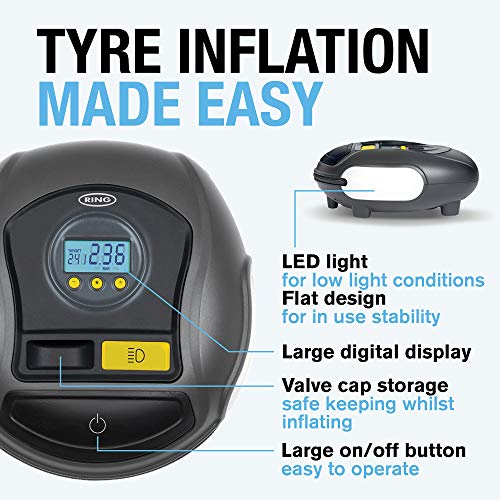 Ring Automotive Inflador de neumáticos Digital RTC500 de Ring con detención automática, con luz LED, Manguera de Aire: 65 cm