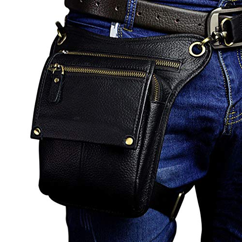 Riñonera de Cuero Bolsa de Pierna caída para Hombres Mujeres Riñonera Táctica Motocicleta Ciclista Ciclismo Senderismo Deportes Camping Mochila para Montar Mochila de Bolsillo Negro