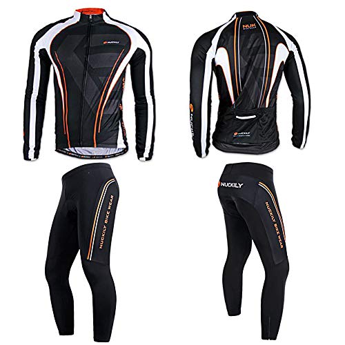 RMane Traje de ciclismo de forro polar para hombre, conjunto de camiseta de manga larga y pantalón de ciclismo acolchado 3D S - 2XL (negro/naranja, M)