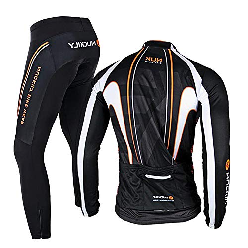 RMane Traje de ciclismo de forro polar para hombre, conjunto de camiseta de manga larga y pantalón de ciclismo acolchado 3D S - 2XL (negro/naranja, M)