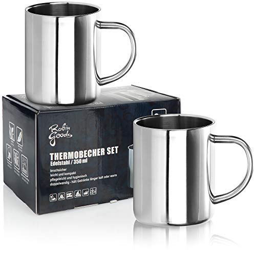 Robin Goods® Juego de 2 Tazas térmicas de Acero Inoxidable - 350 ml por Taza de café - Taza Termo para Beber de Acero Inoxidable (Acero Inoxidable - 02 Piezas)