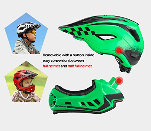 ROCKBROS Casco Bicicleta para Niños 3-15 Años, Casco Integral Desmontable Ajustable para MTB BMX Ciclismo, 48-58cm