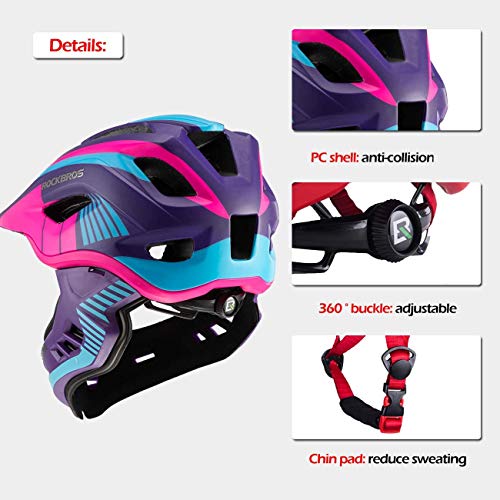 ROCKBROS Casco Integral para Niños de Bicicleta MTB BMX Casco Desmontable Ajustable 48-58CM para 3-15 Años