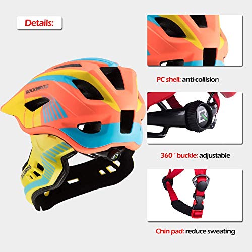 ROCKBROS Casco Integral para Niños de Bicicleta MTB BMX Casco Desmontable Ajustable 48-58CM para 3-15 Años