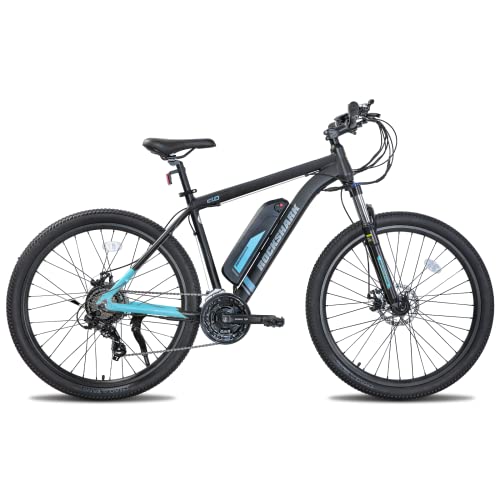 ROCKSHARK Bicicleta eléctrica de montaña Cuadro de Aluminio 26, 27,5, 29 Pulgadas Freno de Disco Shimano 21 velocidades Horquilla de suspensión con batería de 36V 104Ah E-Bike Gris y Azul