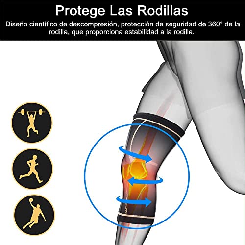 Rodilleras Deportiva -2 Pcs-Rodilleras de Compresión con Absorción de Impactos de Silicona y Soporte de Resorte,Rodilleras de Próoteccin para Montañismo/Carrera/Baloncesto/Ciclismo (Negro)