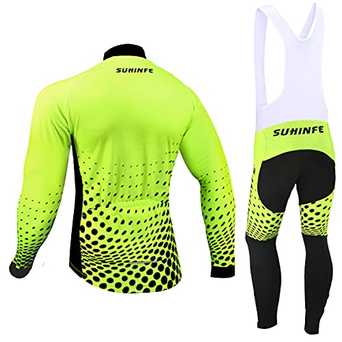 Ropa Ciclismo Invierno Hombre, Maillot Ciclismo Polar Térmico de Manga Larga y Pantalones Largos de Ciclismo Acolchados con Gel de Alta Densidad para Bicicleta de Carretera y MTB, Verde, XL