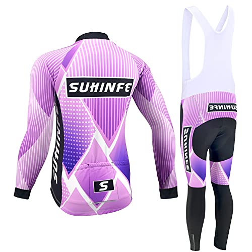 Ropa Ciclismo Invierno Mujer, Maillot Ciclismo Polar Térmico de Manga Larga y Pantalones Largos de Ciclismo Acolchados con Gel de Alta Densidad para Bicicleta de Carretera y MTB, Púrpura, S