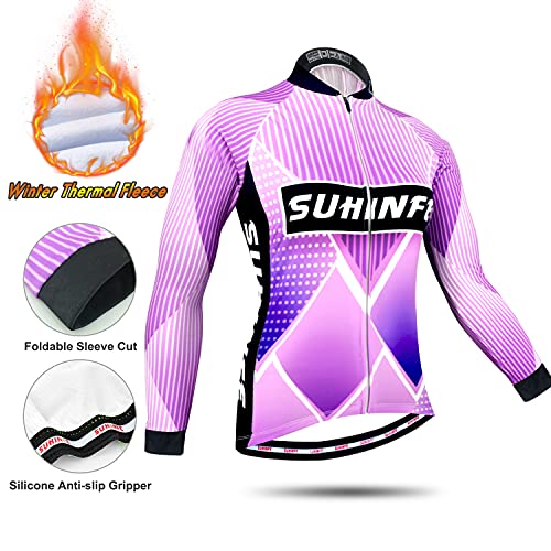 Ropa Ciclismo Invierno Mujer, Maillot Ciclismo Polar Térmico de Manga Larga y Pantalones Largos de Ciclismo Acolchados con Gel de Alta Densidad para Bicicleta de Carretera y MTB, Púrpura, S