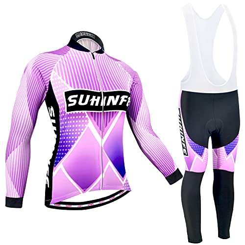 Ropa Ciclismo Invierno Mujer, Maillot Ciclismo Polar Térmico de Manga Larga y Pantalones Largos de Ciclismo Acolchados con Gel de Alta Densidad para Bicicleta de Carretera y MTB, Púrpura, S