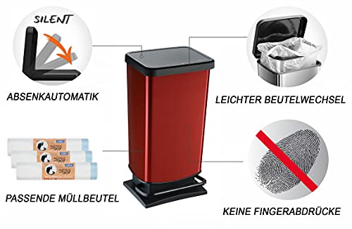 Rotho Paso, Cubo de basura de 40l con pedal y tapa, Plástico PP sin BPA, rojo metálico, 40l 35.3 x 29.5 x 67.6 cm