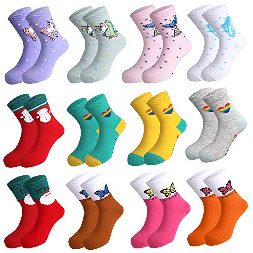 Rovtop 12Pares Calcetines de Niñas, Calcetines de Algodón para Niños de 5 a 10 Años, Calcetines Navideños de Animados Bonitos, Unicornios, Calcetines con Patrón de Sirena