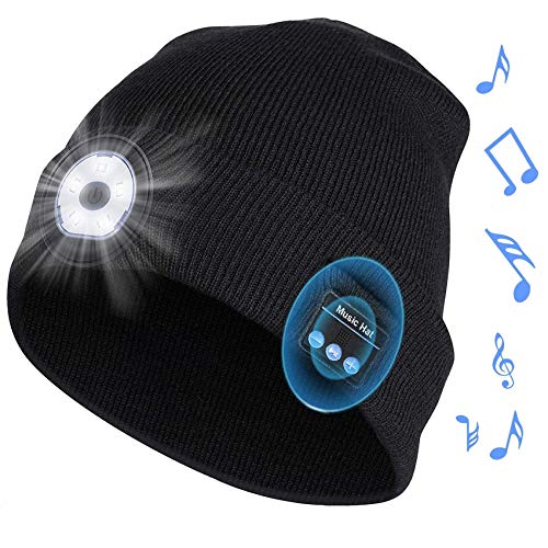 Rpanle Gorro de Invierno Bluetooth 5.0, Regalos originales, con LED Faro USB Recargable Gorra Musical Unisex para Correr Esquiar Senderismo Camping Ciclismo/Responder Llamadas/Escuchar Música