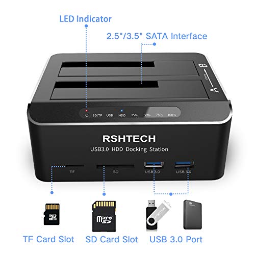 RSHTECH - Estación de acoplamiento para discos duros, USB 3.0, aluminio, para discos duros SATA HDD de 2,5 y 3,5 pulgadas, compatible con tarjetas SD y TF, 2 unidades de 16 TB, 6 Gbit/s