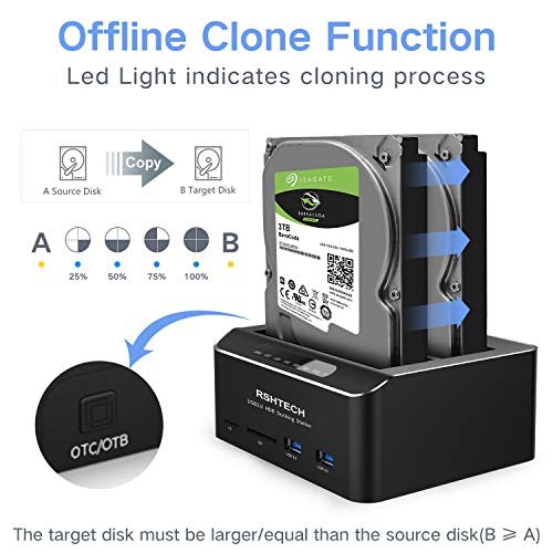 RSHTECH - Estación de acoplamiento para discos duros, USB 3.0, aluminio, para discos duros SATA HDD de 2,5 y 3,5 pulgadas, compatible con tarjetas SD y TF, 2 unidades de 16 TB, 6 Gbit/s