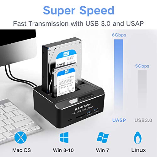 RSHTECH - Estación de acoplamiento para discos duros, USB 3.0, aluminio, para discos duros SATA HDD de 2,5 y 3,5 pulgadas, compatible con tarjetas SD y TF, 2 unidades de 16 TB, 6 Gbit/s