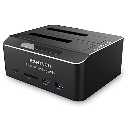 RSHTECH - Estación de acoplamiento para discos duros, USB 3.0, aluminio, para discos duros SATA HDD de 2,5 y 3,5 pulgadas, compatible con tarjetas SD y TF, 2 unidades de 16 TB, 6 Gbit/s