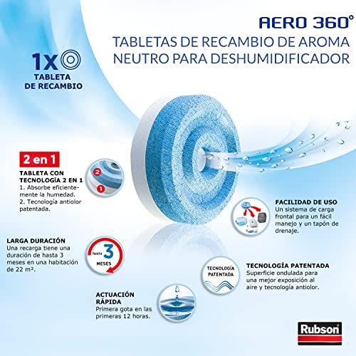 Rubson AERO 360º Set de tabletas de recambio de olor neutro, absorbe humedad y neutraliza malos olores, recambios para deshumidificador recargable, 3 tabletas de 450 g