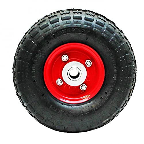 Rueda neumática de carretilla 22 cm, eje de 20 mm, grosor 6 cm, rueda de goma de repuesto con llanta metálica roja, carretilla de obra o jardinería