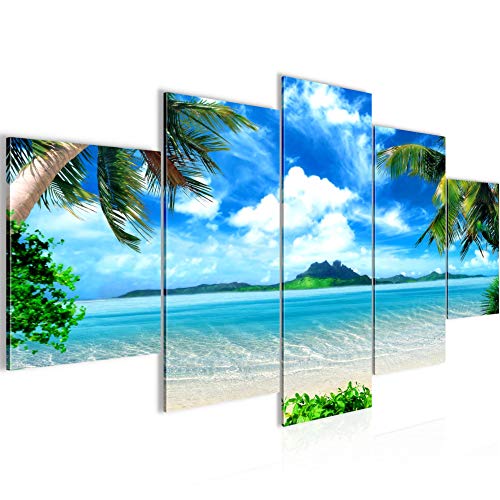 Runa Art - Cuadro Playa Palmeras 200 x 100 cm 5 Piezas XXL Decoracion de Pared Diseño Azul Beige 603351a