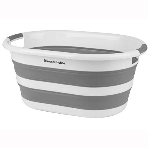 Russell Hobbs LA053879WHTEU Cesta de lavandería plegable, 27L Cesta de lavandería, contenedor de almacenamiento plegable de plástico, asas ergonómicas, cesta de lavado que ahorra espacio, blanco/gris