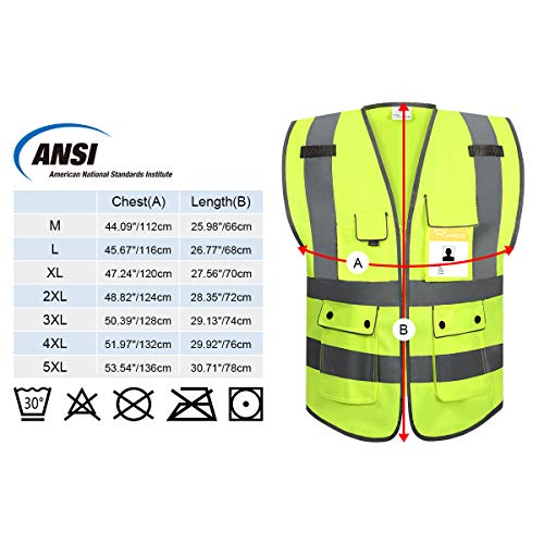 Ryaco Chaleco Reflectante,Chaleco de Seguridad Ansi Clase 2 de Alta Visibilidad Don Tiras Reflectantes, 8 Bolsillos y Cremallera Frontal para Moto de Bicicleta, Normas ANSI/ISEA Grande Amarillo