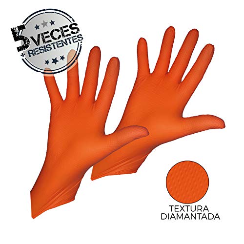 RZ TOOLS GUANTES de NITRILO DIAMANTADO naranjas - Los guantes de nitrilo MÁS RESISTENTES del mercado - SIN LÁTEX - REUTILIZABLES (M)