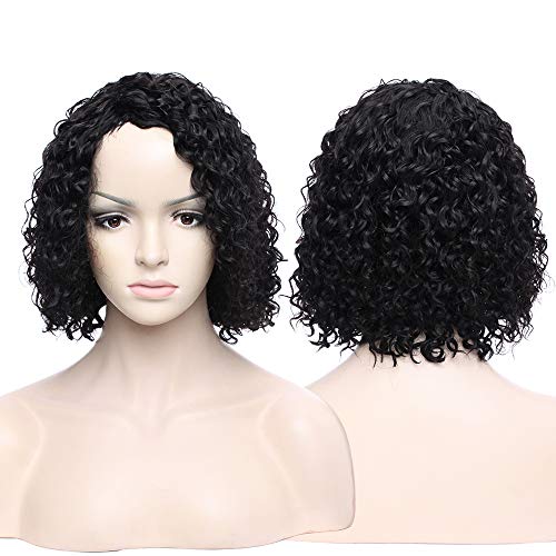 S-noilite - Peluca de pelo corto rizado brasileño; pelo natural virgen, corte bob con onda profunda, color negro; peluca ajustable con casquillo sin encaje para mujer