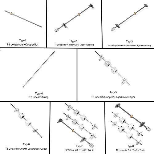 S SIENOC Husillo guía T8 de 350 mm + tuerca de copper + cojinete vertical + acoplamiento + guía lineal de 8 mm de diámetro + soporte en V + rodamiento de bolas (tipo 7, 1 juego, 350 mm)