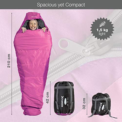 Saco de dormir KeenFlex tipo momia para 3-4 estaciones extra cálido y ligero, compacto, resistente al agua y con control de calor avanzado – ideal para festivales o hacer camping (Rosado)