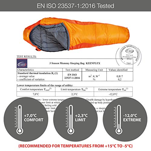 Saco de dormir KeenFlex tipo momia para 3-4 estaciones extra cálido y ligero, compacto, resistente al agua y con control de calor avanzado – ideal para festivales o hacer camping (Naranja)