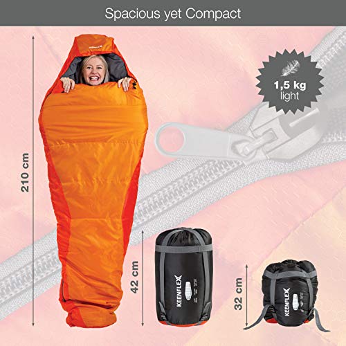 Saco de dormir KeenFlex tipo momia para 3-4 estaciones extra cálido y ligero, compacto, resistente al agua y con control de calor avanzado – ideal para festivales o hacer camping (Naranja)