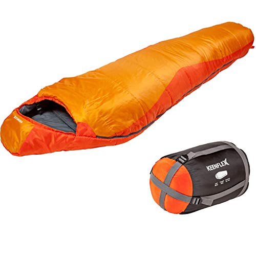 Saco de dormir KeenFlex tipo momia para 3-4 estaciones extra cálido y ligero, compacto, resistente al agua y con control de calor avanzado – ideal para festivales o hacer camping (Naranja)