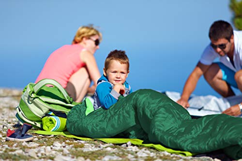 Saco Dormir Tipo Momia con Capucha - para Niños en Viaje Camping Funda vivac Festival Hotel Portátil con Saco de Compresion YMER ((130 + 25) x 60/40 cm, Azul/Naranja)