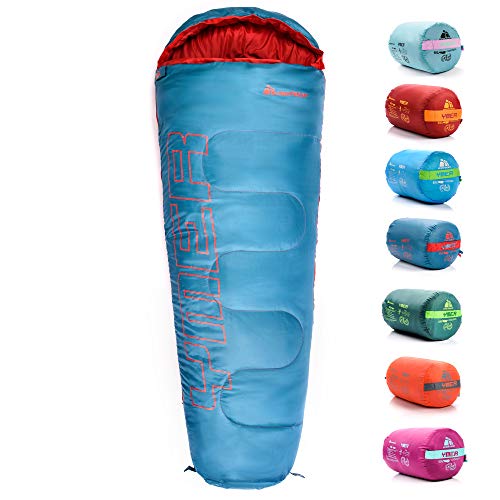 Saco Dormir Tipo Momia con Capucha - para Niños en Viaje Camping Funda vivac Festival Hotel Portátil con Saco de Compresion YMER ((130 + 25) x 60/40 cm, Azul/Naranja)