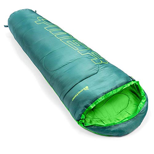 Saco Dormir Tipo Momia con Capucha - para Niños en Viaje Camping Funda vivac Festival Hotel Portátil con Saco de Compresion YMER ((130 + 25) x 60/40 cm, Verde Oscuro/Verde)