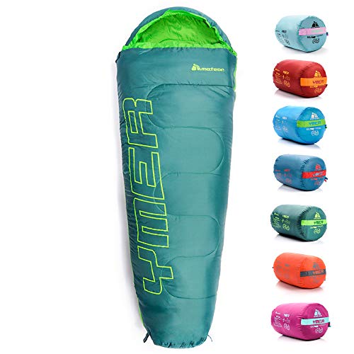 Saco Dormir Tipo Momia con Capucha - para Niños en Viaje Camping Funda vivac Festival Hotel Portátil con Saco de Compresion YMER ((130 + 25) x 60/40 cm, Verde Oscuro/Verde)