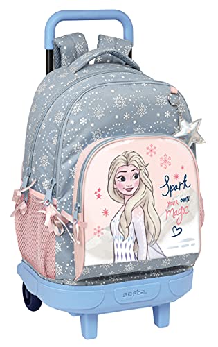 Safta Mochila Escolar con Carro Incluido y Espalda Acolchada de Frozen II Magical Seasons, 330x220x450 mm, Gris Azulado/Rosa Claro