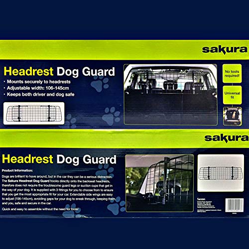 Sakura SS5259 - Barrera Protectora de Coche para Perros, para Reposacabezas, Colocación Sencilla en la Mayoría de Vehículos, Altura y Anchura Ajustable, sin Necesidad de Herramientas
