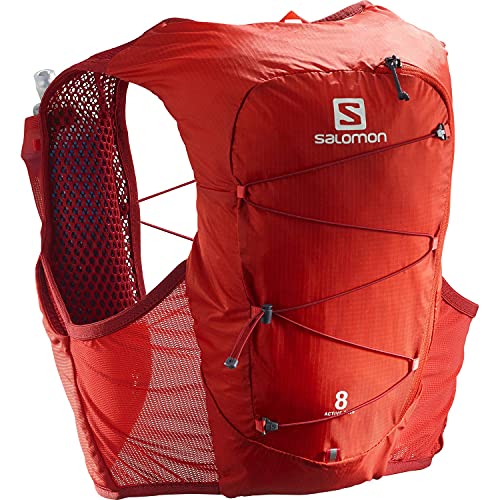 Salomon Active Skin 8 Chaleco de hidratación unisex con capacidad de 8 L Trail Runnning Senderismo, incluye 2 botellas flexibles, Rojo (Valiant Poppy/Red Dahlia), M