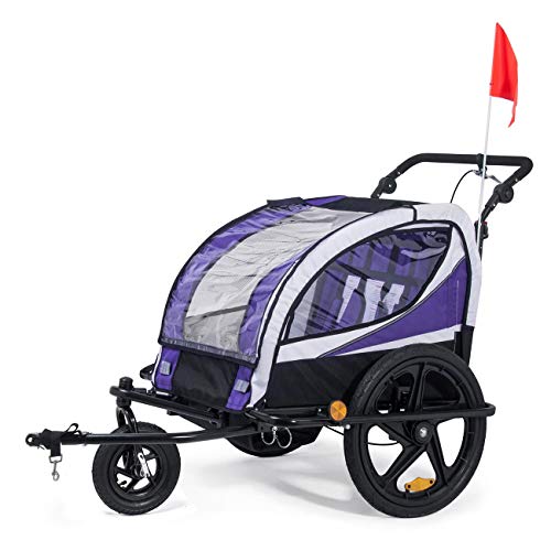 SAMAX Remolque de Bicicleta para Niños 360° girable Kit de Footing Transportín Silla Cochecito Carro Suspensíon Infantil Carro en Púrpura - Silver Frame